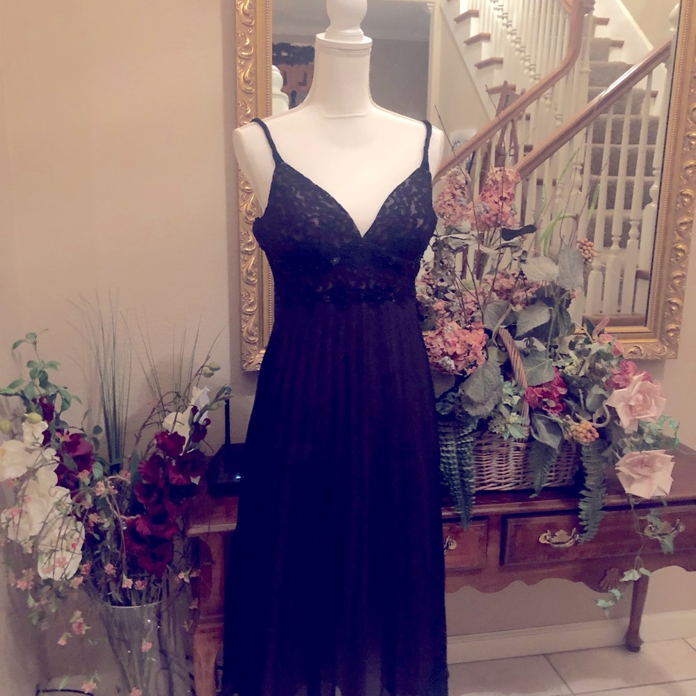 S.L Fashions Black Sheer Cocktail Dress Embellished Bodice with Lace and Beading